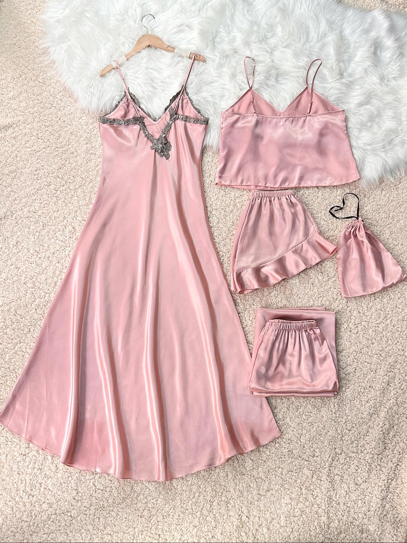 Women's Soft Satin Pyjama Set, Contrast Lace Cami Nightdress & Backless Cami Top & Tie Front Ruffle Hem Shorts & Pants & Storage Bag, Ladies Summer Outfits 2024