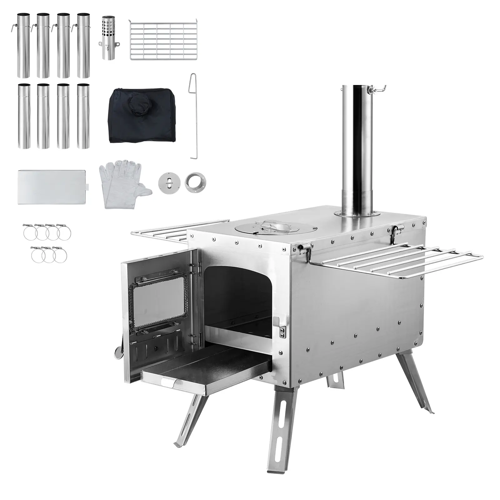 Wood Stove, Stainless Steel Camping Tent Stove, Alloy Steel Construction, For Outdoor Cooking and Heating with 8 Pipes