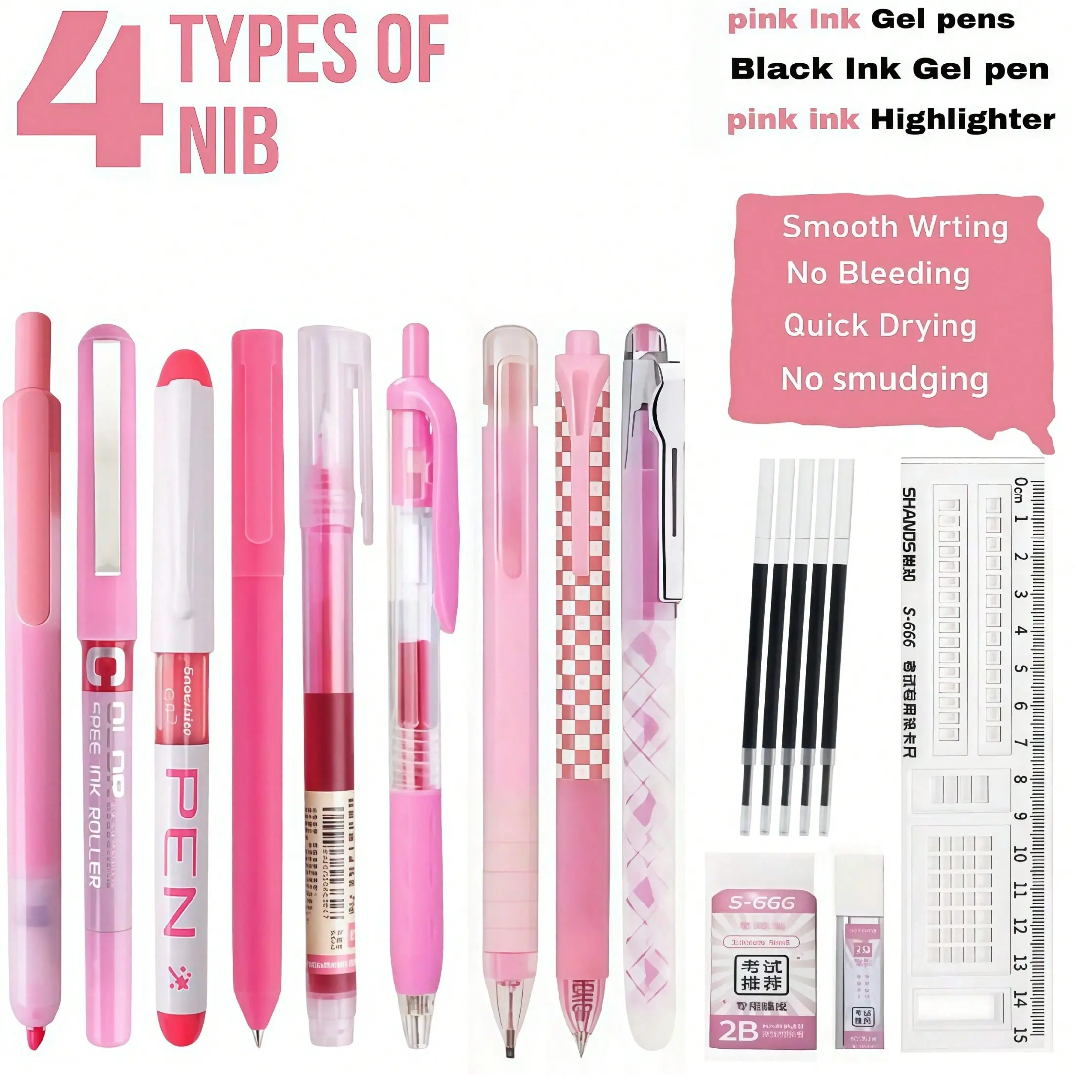 17pcs Office School Supplies,Black Ink Gel Pens with Journaling Highlighter,Pen refill,Ruler and eraser,Fine Point 0.5mm Note Taking,Retractable, Cute Pens - Cute Pink Aesthetic Gel Ink Pens for Journaling.back to school.