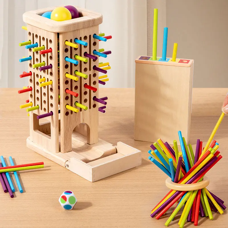 1PC Wooden Pick-Up Sticks Game Set, Three-in-One Draw Stick，40 Wooden Rods & 5 Color Balls, 3 Play Modes, Enhances Color Recognition & Hand-Eye Coordination