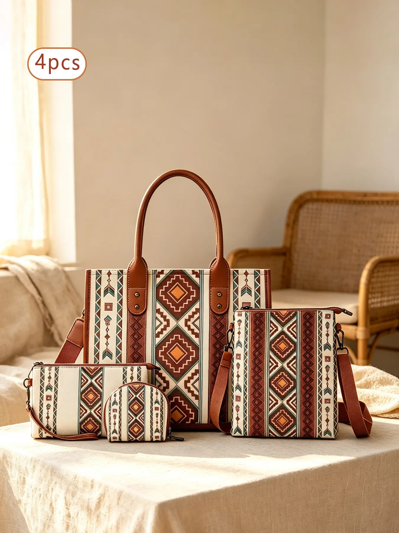 4pcs Aztec Print Bag Combo Set, Boho Style Multi-Piece Purse Collection, Large Tote, Crossbody Bag, Zip Pouches & Leather Trim Details, Ideal for Women Vacation Travel & Daily Essentials