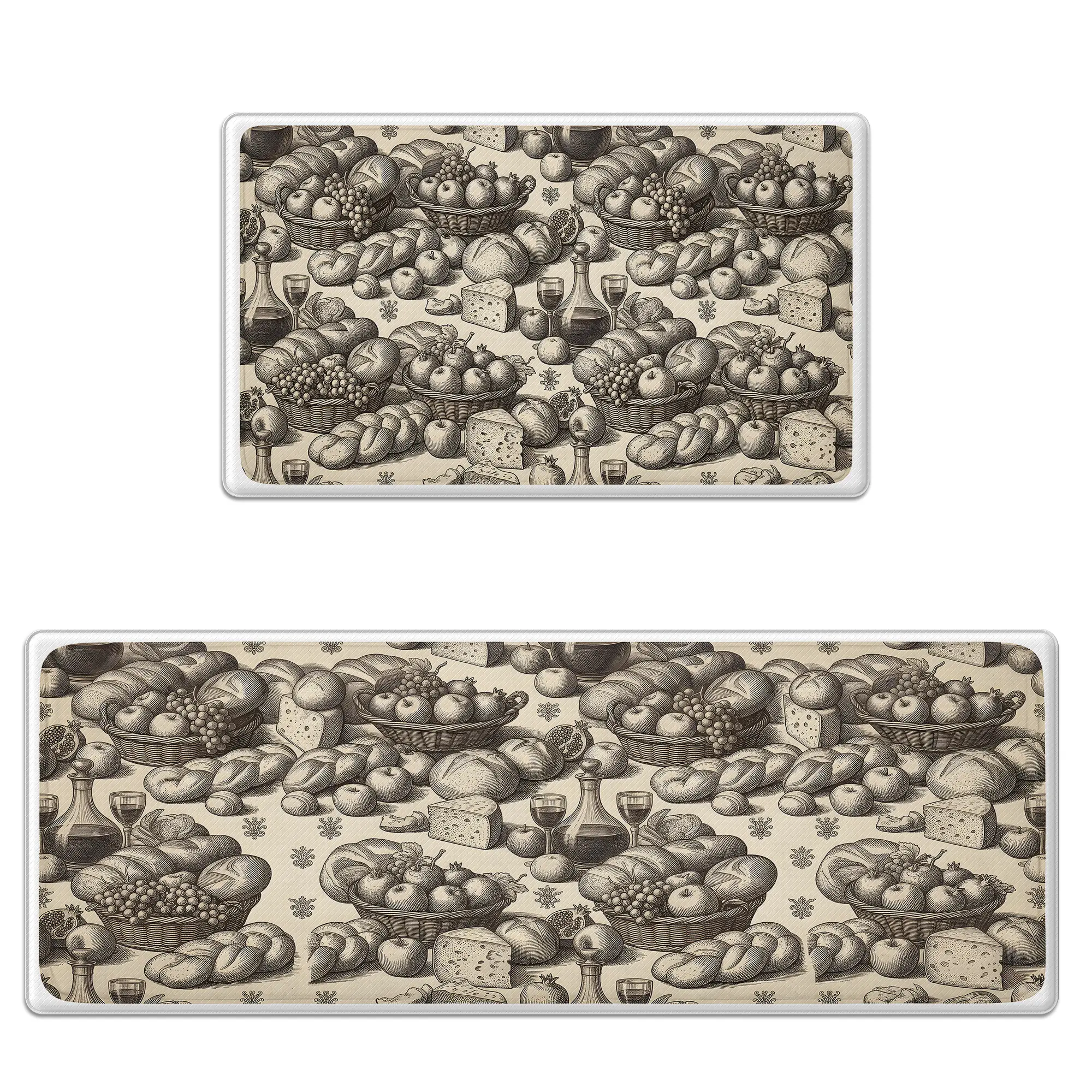 Kitchen Rug Set of 2 Anti-Fatigue Cushioned Memory Foam Kitchen Mat Non-Slip Scratch-Resistant & Waterproof Vintage Fruit and Bread Pattern for