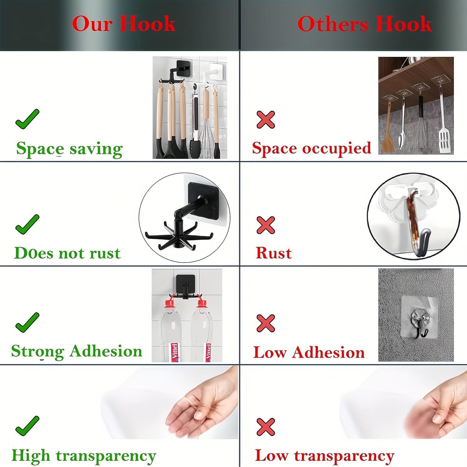 1 Heavy Duty Kitchen Cutlery Rack Hook, Plastic Self-Adhesive Hook 360 Degree Rotation Folding Wall Hanger, 6 Claw Hook, Suitable for Home Kitchen, Bathroom, Office