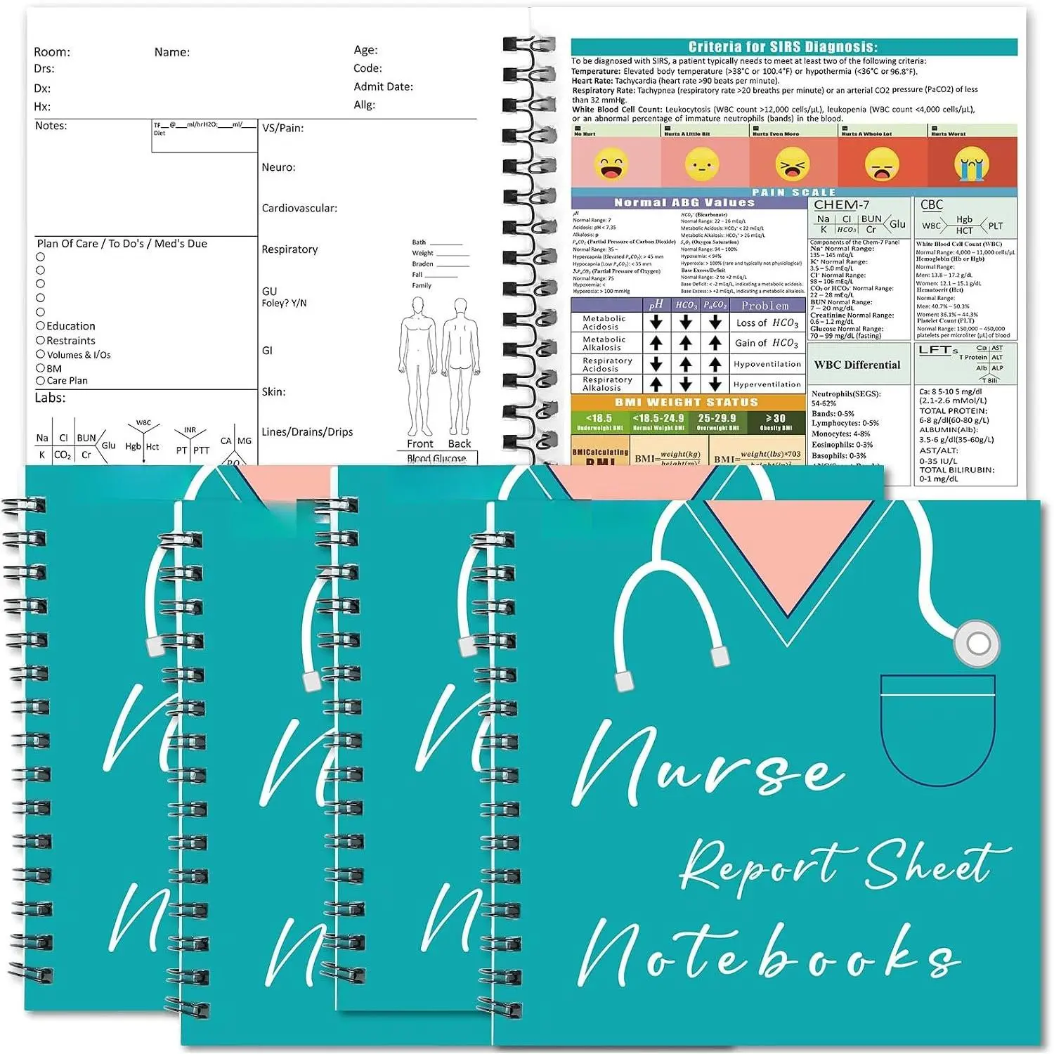 4Pads Nurse Report Sheet Notebooks Nurse Brain 5.5x5.5Inch Pocket Nurse Essential Report Spiral Notebook Nurse Accessories for Work  School Clinical Essential for   Student(Green)