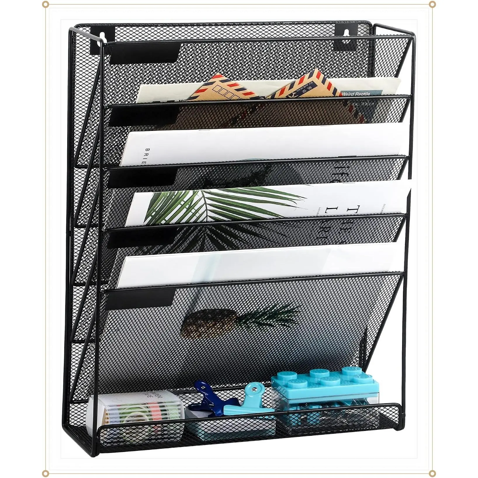 Mesh 6-Tier Desk File Organizer with Bottom Tray, Wall Mount or Desktop Vertical Document Holder Rack for Office Home, BlackGift