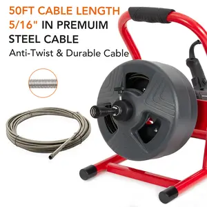 Professional Electric Sewer Snake Drain Auger 50Ft 5/16", Equipped with 6 Cutters, Foot Switch & Gloves, Clears 3/4"-3" Kitchen Bathroom Clogged Drains