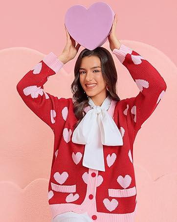 Saodimallsu Womens Oversized Heart Cardigan Color Block V Neck Button Long Sleeve Chunky Valentines Sweaters with Two Pockets & Contrast Trim