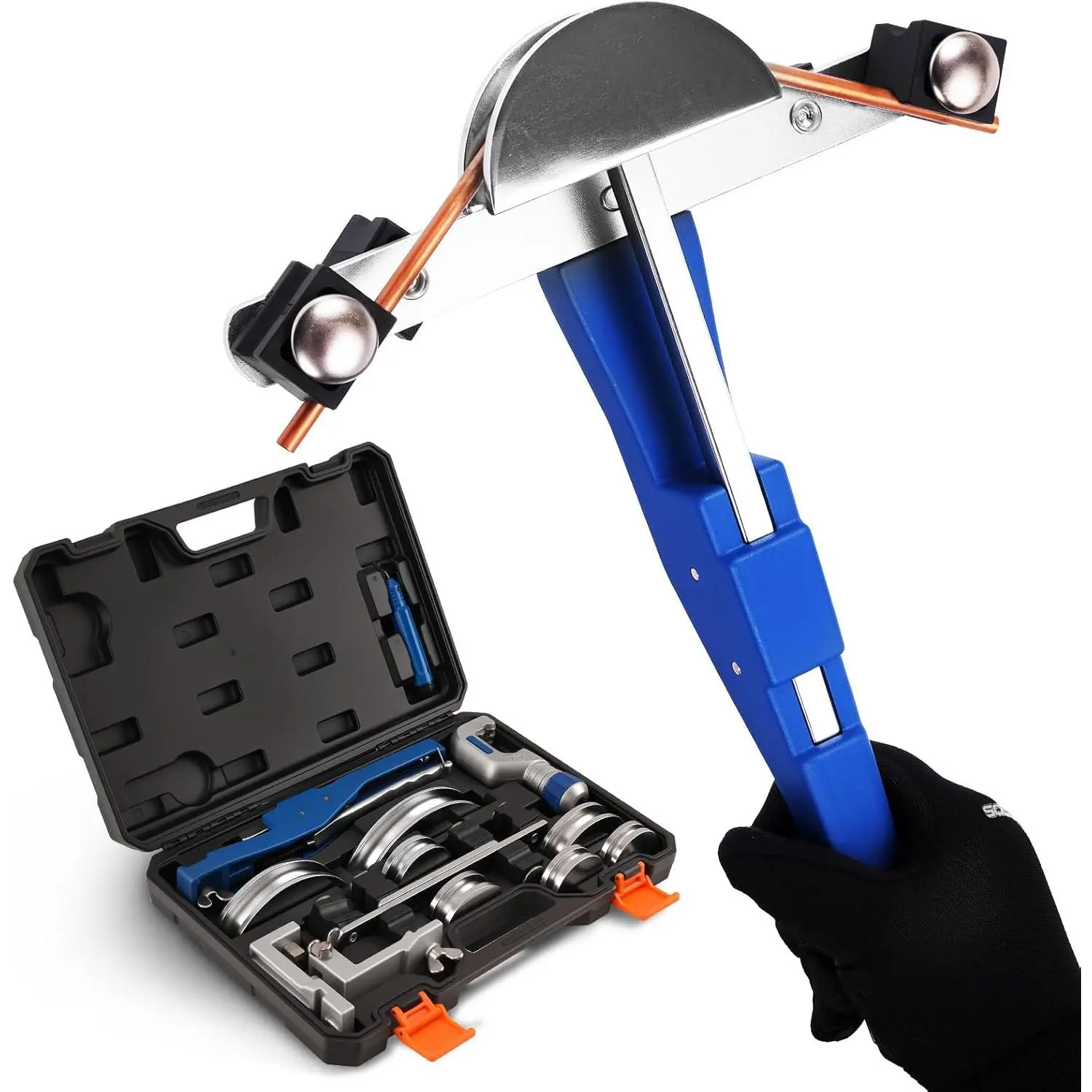 Pipe Bender Tube Bender Set, 1/4" 7/8" O.D. | Ratcheting Tubing Bender Kit 90° Copper Pipe Bender Forward/Reverse Tool w/ 7 Aluminum Dies, for Air Condition Hydraulic Work