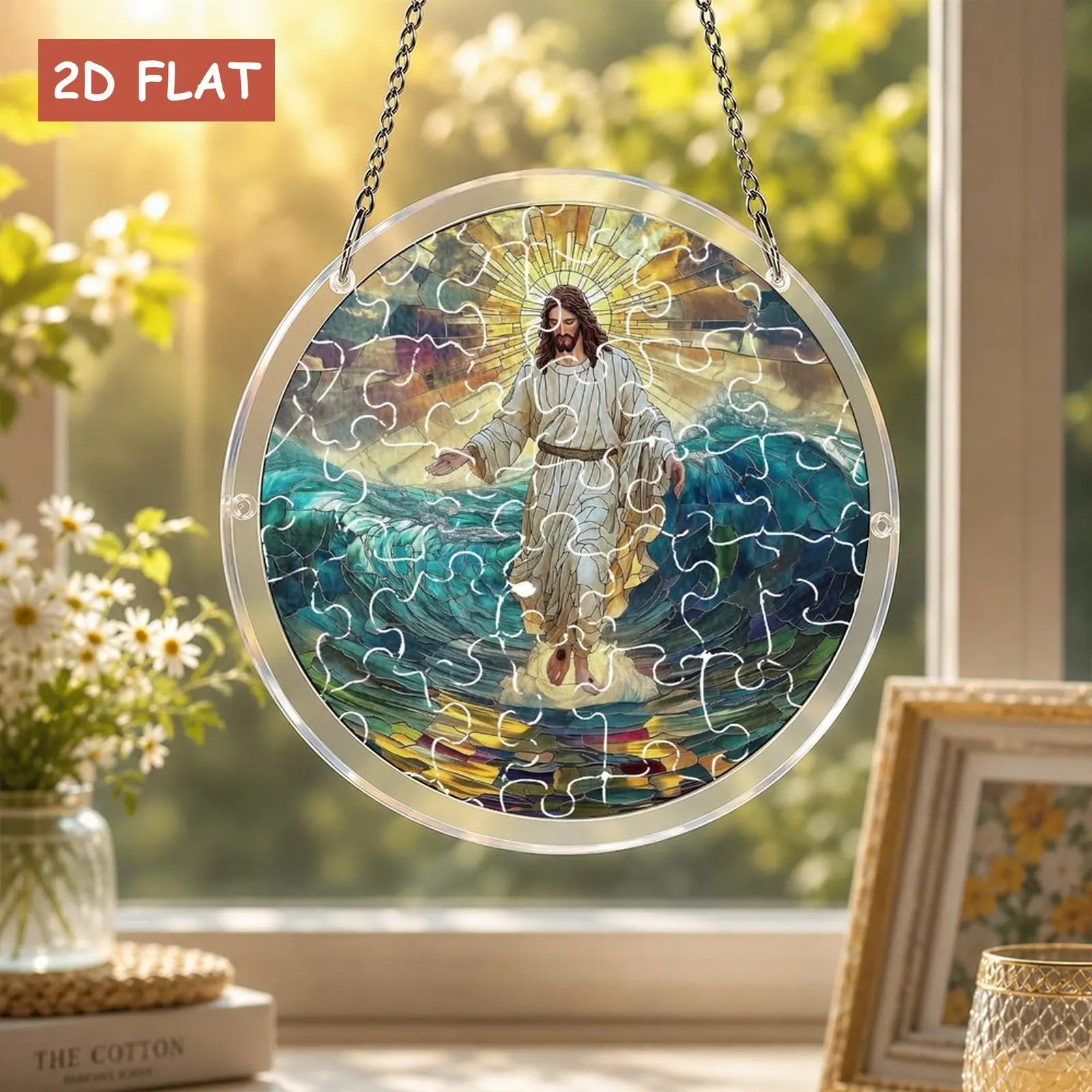 Jesus Christ Acrylic Suncatcher Puzzle, Stained Glass effect Window Hanging Decor, Walking on Water Faith DIY Acrylic Suncatcher Jigsaw Puzzle kit for Home Wall Decoration, Religious Spiritual Gift, 7.87 inch