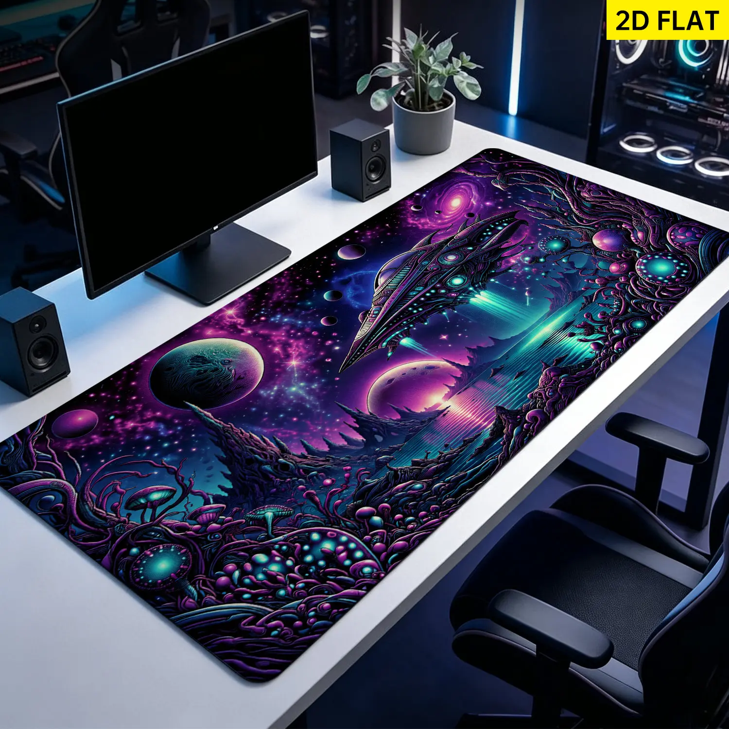 Neon Galaxy Spaceship Landscape Print Mouse Pad - Extra Large, Non-Slip Rubber Base, Lock Edge, Washable, Multi-Size, Premium Multipurpose for Office/Gaming Desk, Gamer Stuff, Desktop Protection & Decoration, Gift for Loved Ones