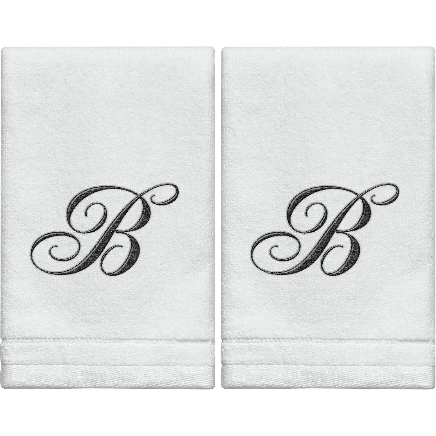 Monogrammed Fingertip Towels Set of 2 11 x 18 Inches Personalized Gift 100% Cotton Extra Absorbent Black Embroidered Soft Velour Towel for Bathroom Kitchen Spa Initial B White