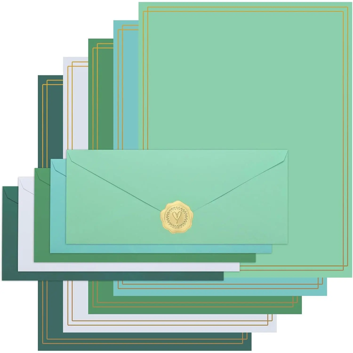 200 Pack Green Stationery Set, 100 Stationery Paper Sheets with 100 Envelopes and  Stickers for Office Business Writing Letters Invitations Supplies, 5 Colors