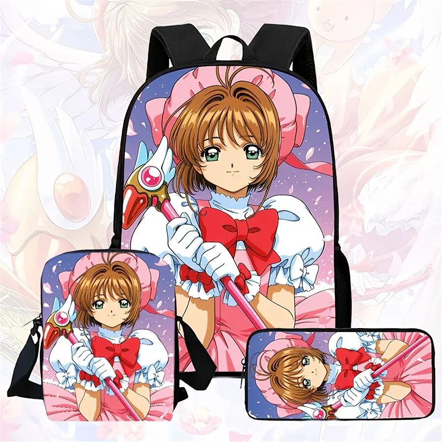 Girls' 3-Piece Anime Theme Waterproof Backpack Set, Durable Lightweight School Use Bag with Purple Starry Background, Cardcaptor Sakura Magic Wand & Pink Bow Print + Lunch Box