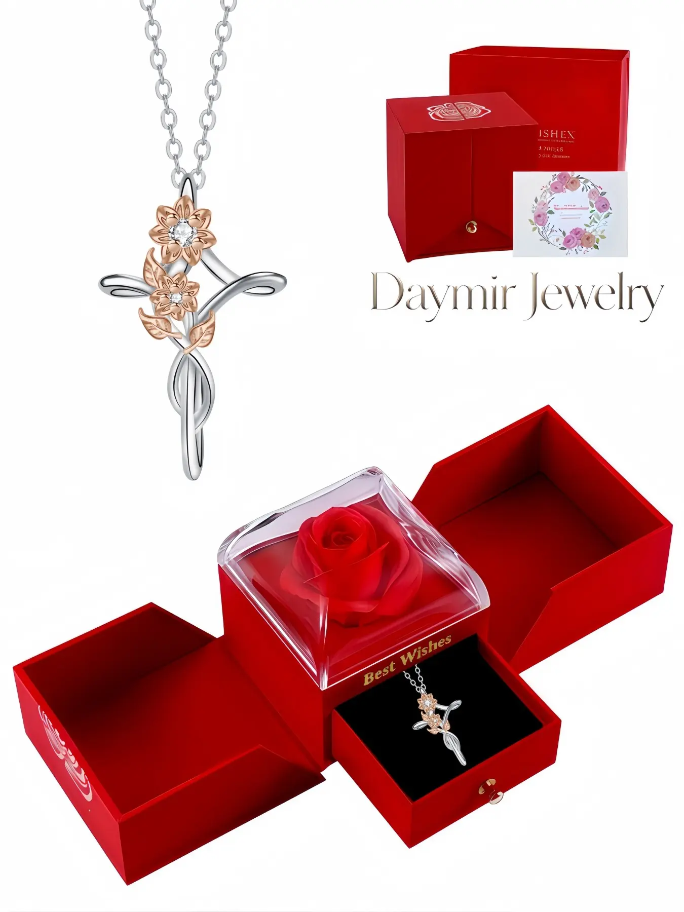 Two-Tone Winding Rose Cross Necklace, elegant gem pendant wrapped with flowers and leaves. Packaged in stunning double-door preserved rose jewelry box, a sweet gift for dating, Valentine’s Day and Christmas.