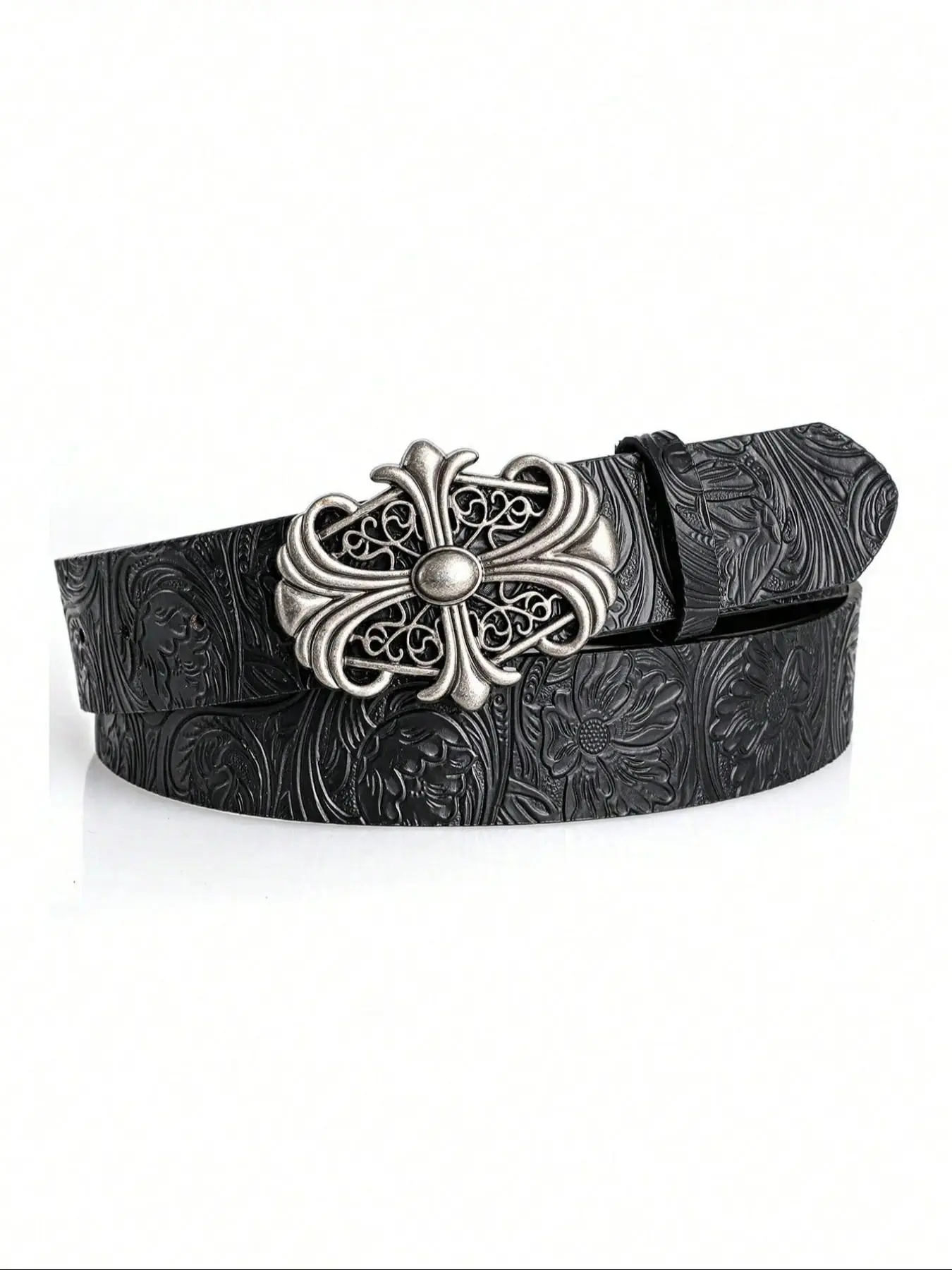 Boho Fashion Faux Leather Western Belt with Cross Buckle, Gothic Style Waist Belt for Jeans & Casual Outfits, Accessories for Men & Women, Western Cowboy Belts, Cowgirl Belt