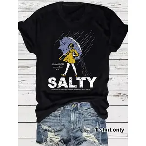 Women's Cotton Shortsleeve Tshirt - Vintage Trendy Style, Umbrella & Salty Girl Print Round Neck, Lightweight Knit Fitted, Graphics Top for Summer Daily Wear (Womenswear) custom shirt women
