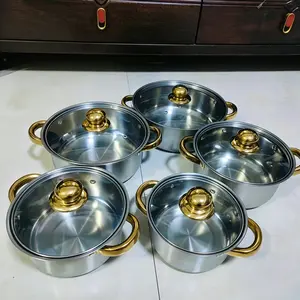 5-piece stainless steel pot set, light luxury gold handle soup pot combination, household soup pot with glass lid
