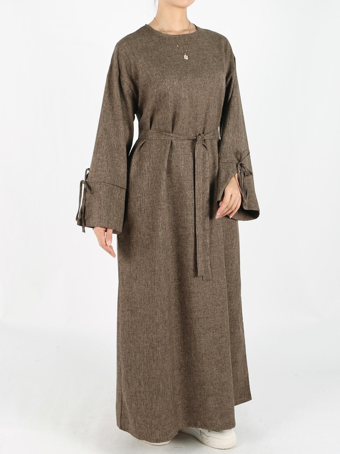Women's Solid Belted Long Sleeve Muslim Dress, Casual Elegant Modesty Round Neck Dress for Daily Wear, Ladies Abaya Islamic Clothing for All Seasons, Dresses for Women, Solid Color Abaya, Abaya Dress Set, Abayas for Eid, Tunic Dress, Classy Modest Dresses