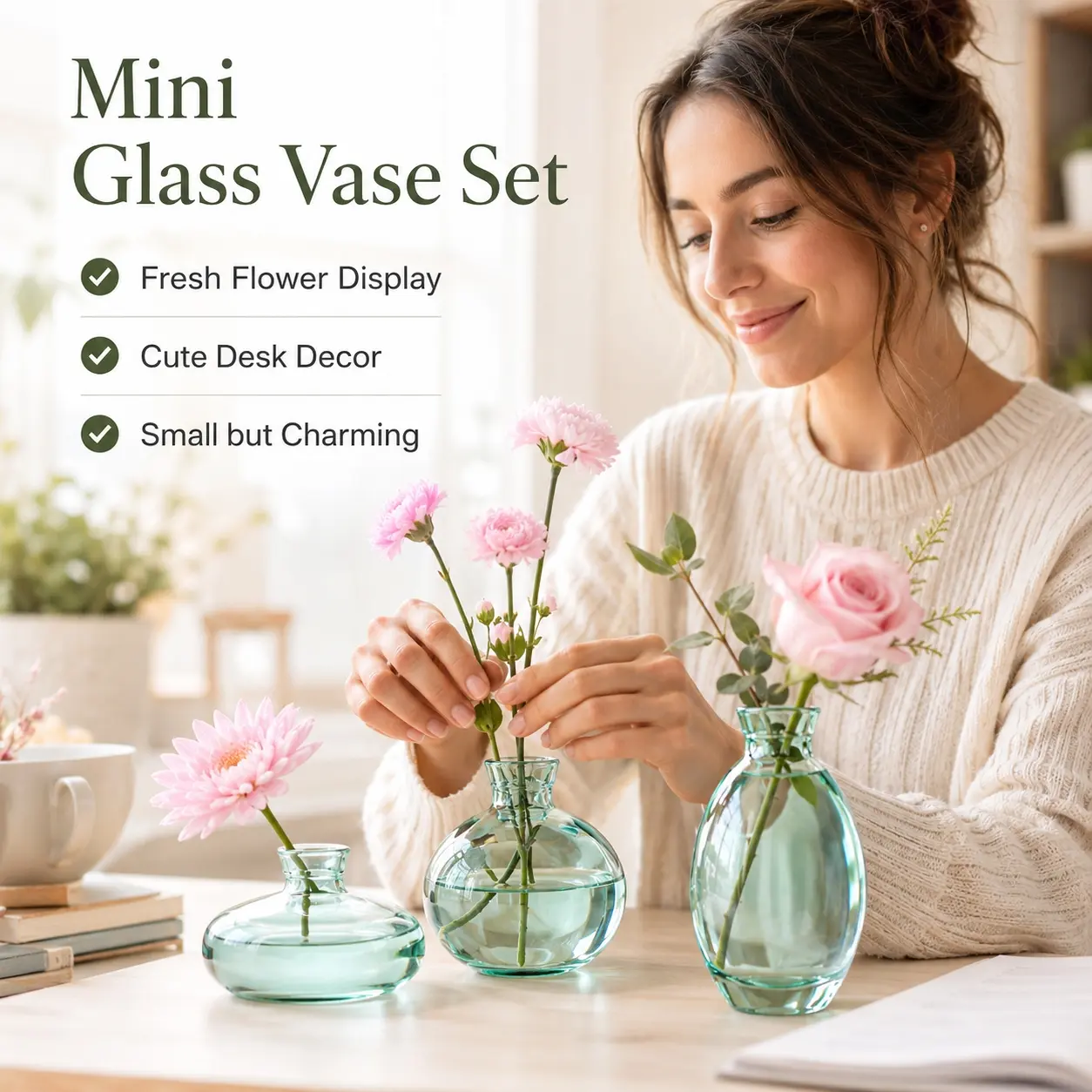 3 Pcs Glass Bud Vases, Cute Green Mini Glass Flower Vases, Transparent Hydroponic Bud Vase for Fresh Flowers & Dried Stems, Small Centerpiece Table Decor for Home Office, Shelf, Wedding Party Events, Housewarming Gift (Flowers Not Included)
