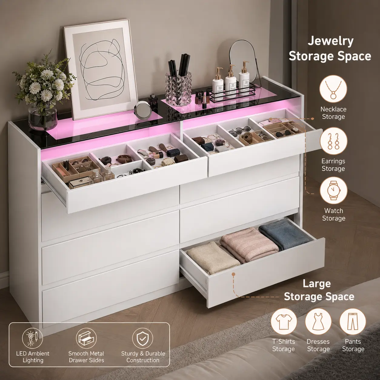 8 Drawers Closet Island With Tempered Glass, Walk In Closet Island & Bedroom Island, Dresser With Jewelry Storage On Top For Bedroom, Closet, Cloakroom