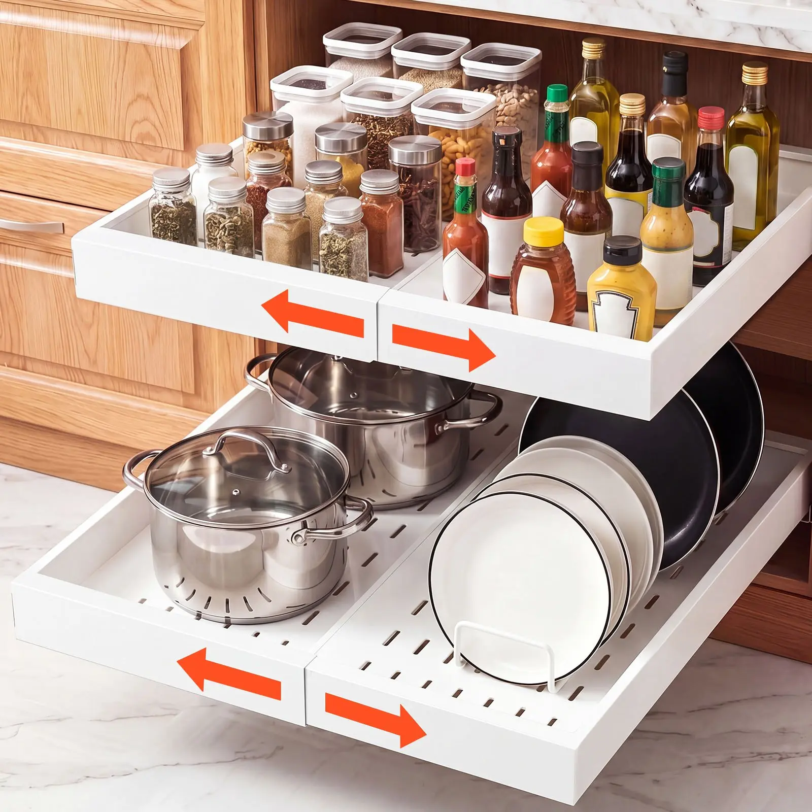 VEVOR Pull Out Cabinet Organizer, 2 Pack Expandable Width (12.2"-18.9"), 20.47" Deep Pull Out Drawers for Cabinets, Sliding Drawer for Kitchen Pantry Cabinet Organizer with Nano Adhesive Strips, White