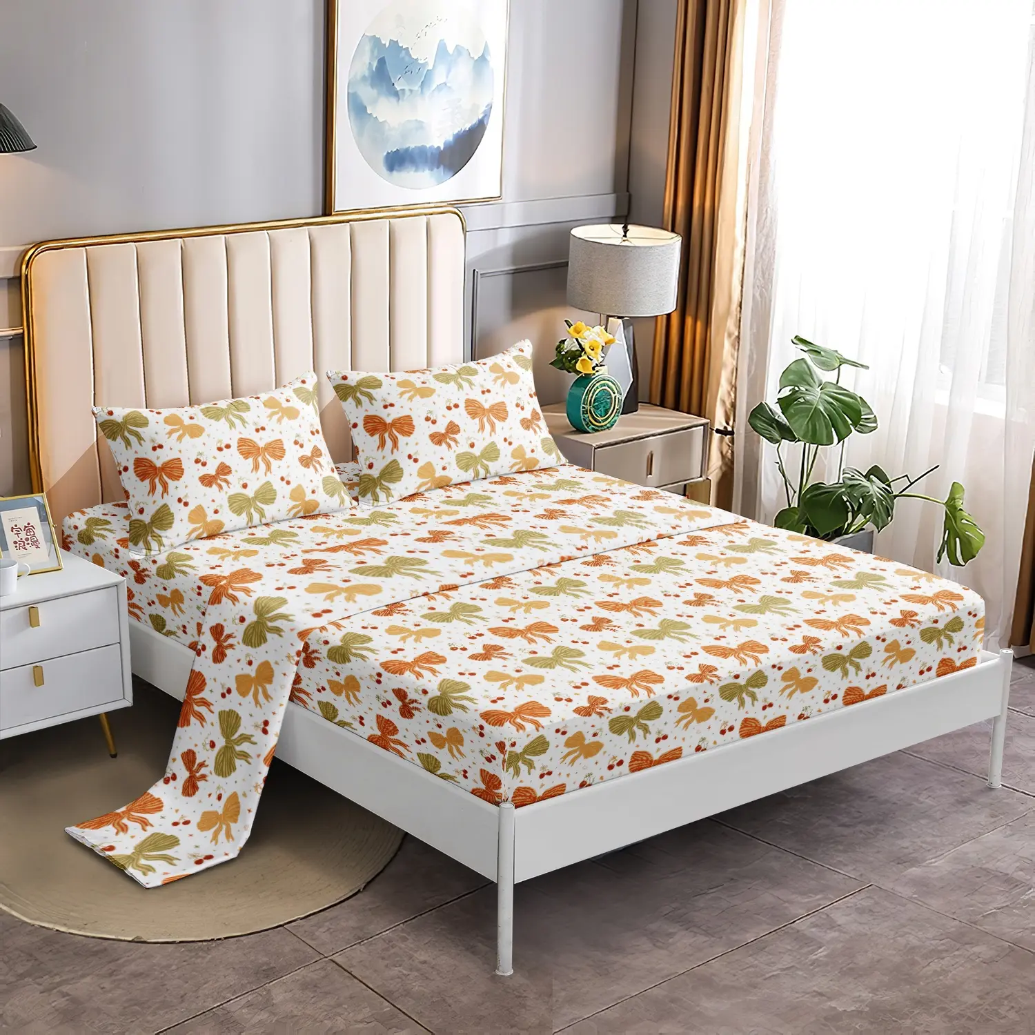 3Pcs Retro Orange Green Bowknot Flat Sheet Set, White Vintage Bow Print Flat Sheet Fitted Sheet, Soft Microfiber Coquette Aesthetic Bedroom Decor (1 Flat Sheet+1 Fitted Sheet+2 Pillowcases)
