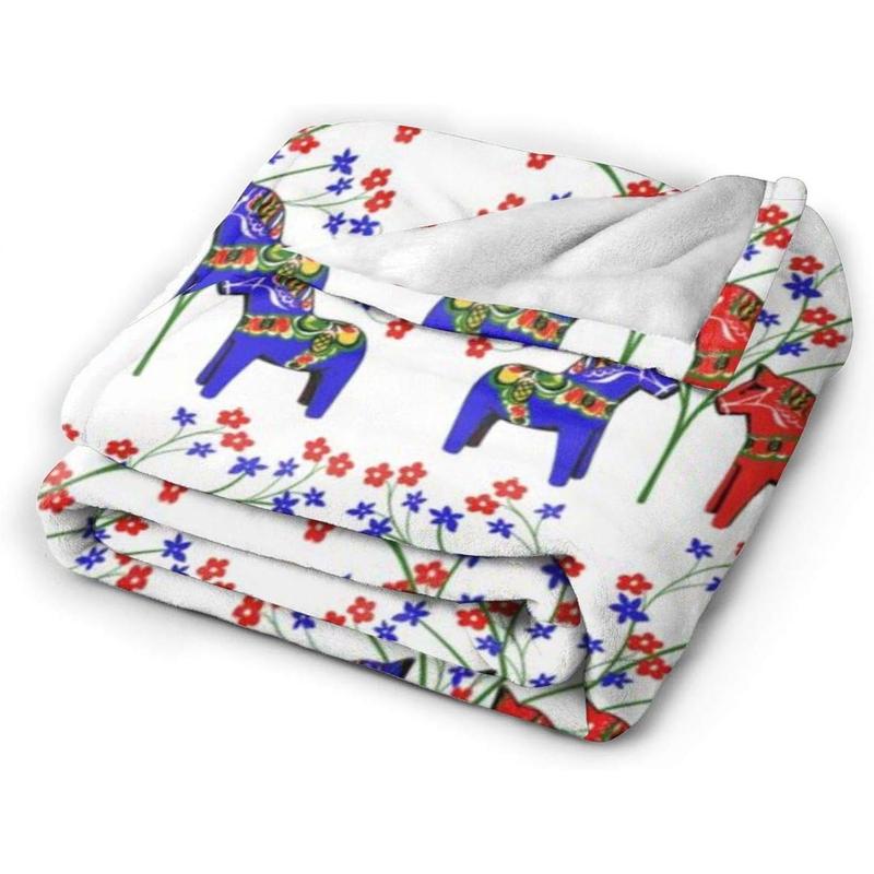 Comfy Soft Floral Swedish Dala Horses Throw Blanket,  Flannel Home Blanket Wearable Blanket, Queen Size Blankets for Bedroom Living Rooms Sofa Couch, 40"x50"