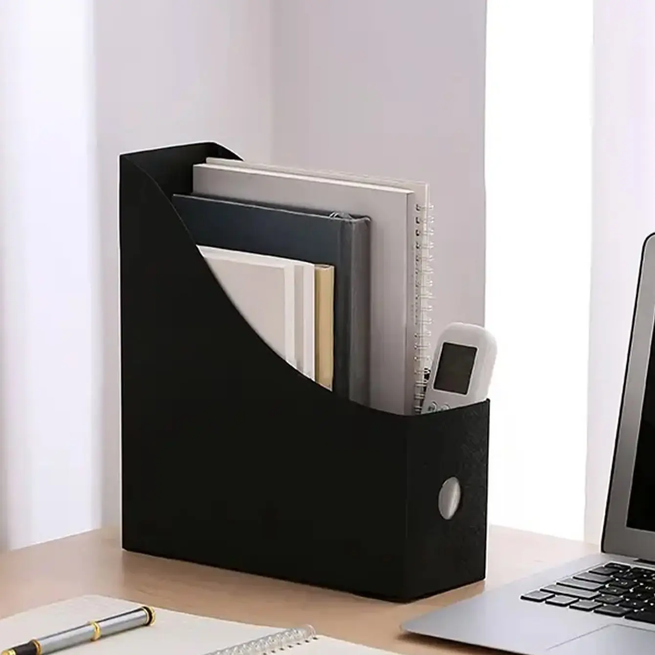 1pc Slanted Front Desktop Magazine File Holder with Side Pull Tab, Vertical Upright Document Storage Rack, Multi-Item Sorting Organizer for Student Office Desk Paper Book Sundry Arrangement