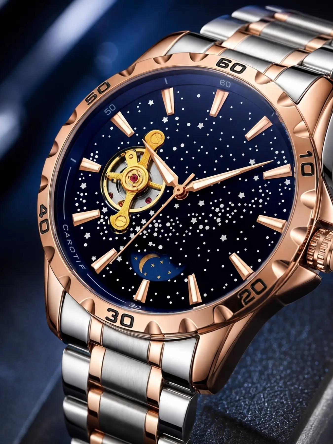 Luxury Rose Gold Starry Moon Phase Mechanical Watch, Gradient Blue Dial, Luminous Indices, Stainless Steel Strap, Waterproof, All Seasons