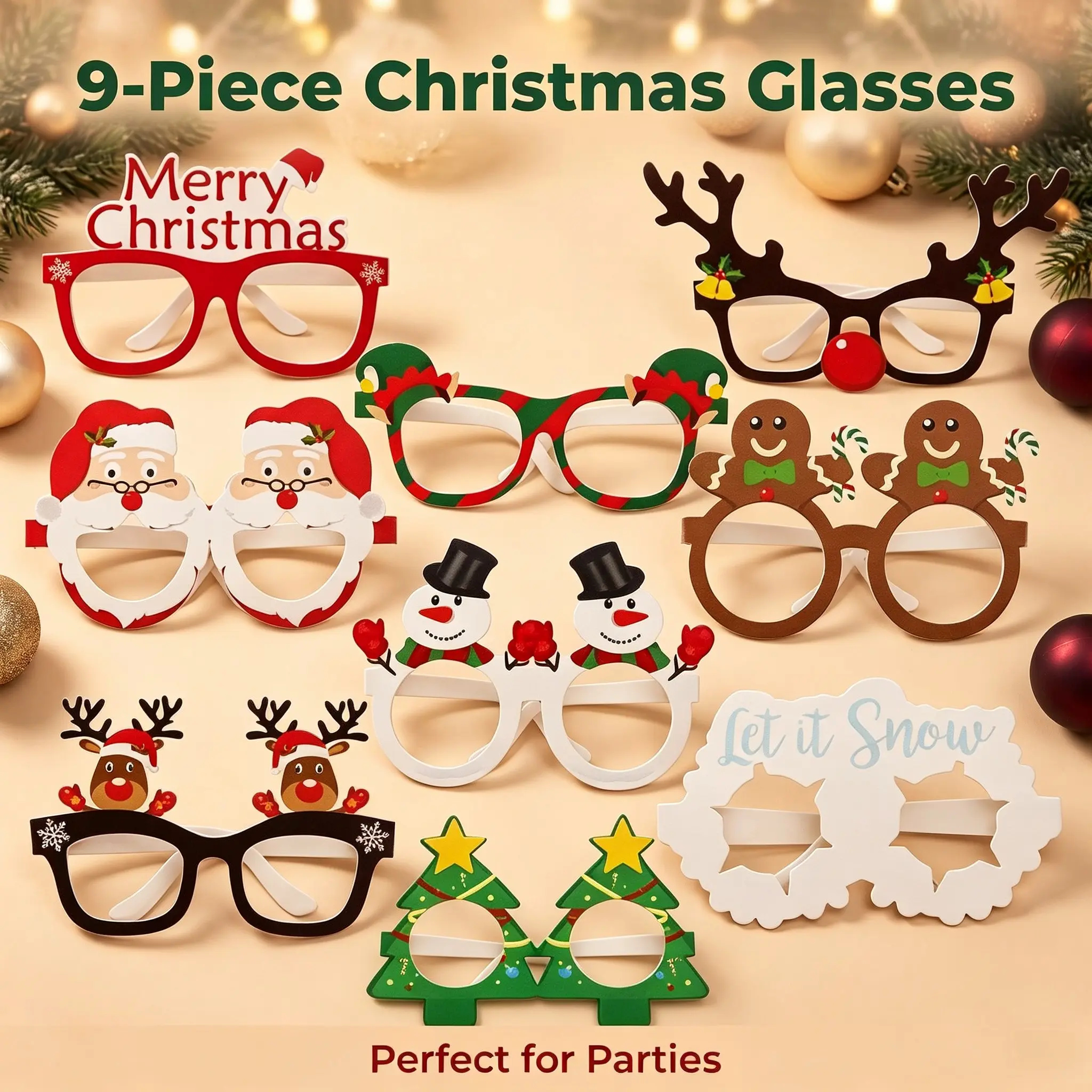 9pcs Christmas Photo Props Set, Santa Claus + Christmas Tree + Reindeer Theme Party Decor, Creative Paper Frame, Holiday Gathering Essentials