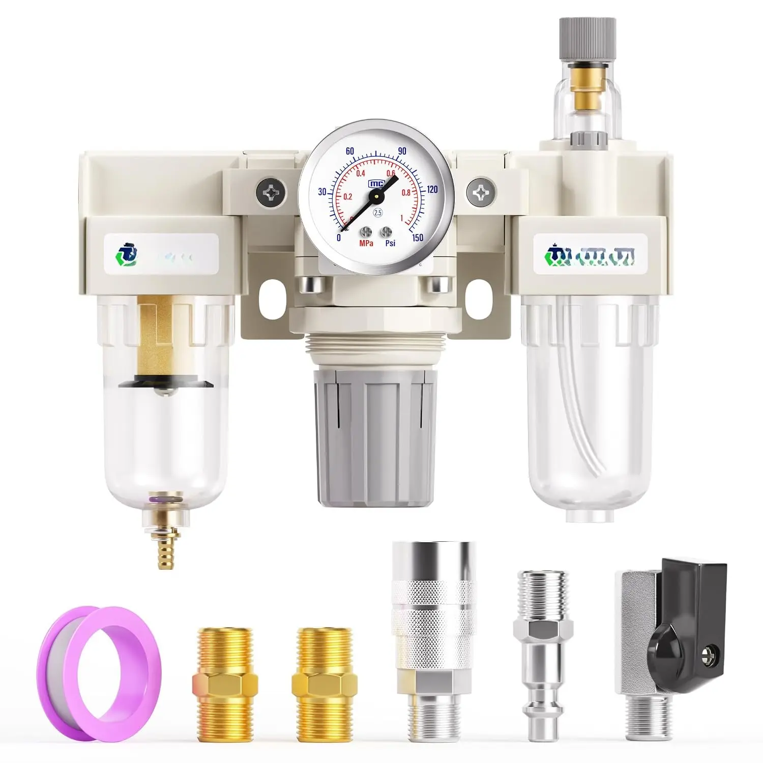 1/4 Inch NPT Manual Drainage 3 in 1 Oil Air  Regulator Filter AC2000-02(0-150PSI) with Lubricator Cup for Air Tools System
