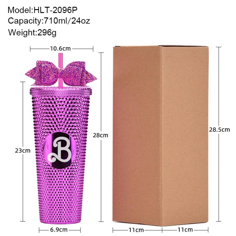 24oz Pretty Pink Studded Logo Tumbler with Matching Straw 710ml Gradient Hand Cup Double-layer Plastic Insulated Drinkware 24oz Pretty Pink Studded Logo Tumbler with Matching Straw 710ml Gradient Hand Cup Double-layer Plastic Insulated Drinkware