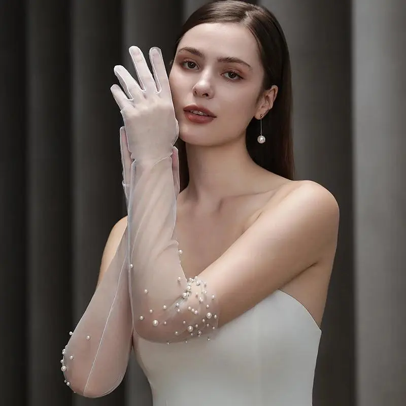 Bridal Gloves Heavy Handmade Beading Elegant Long Elegant Slim Wedding Dinner Party Tulle Gloves Wedding Accessories