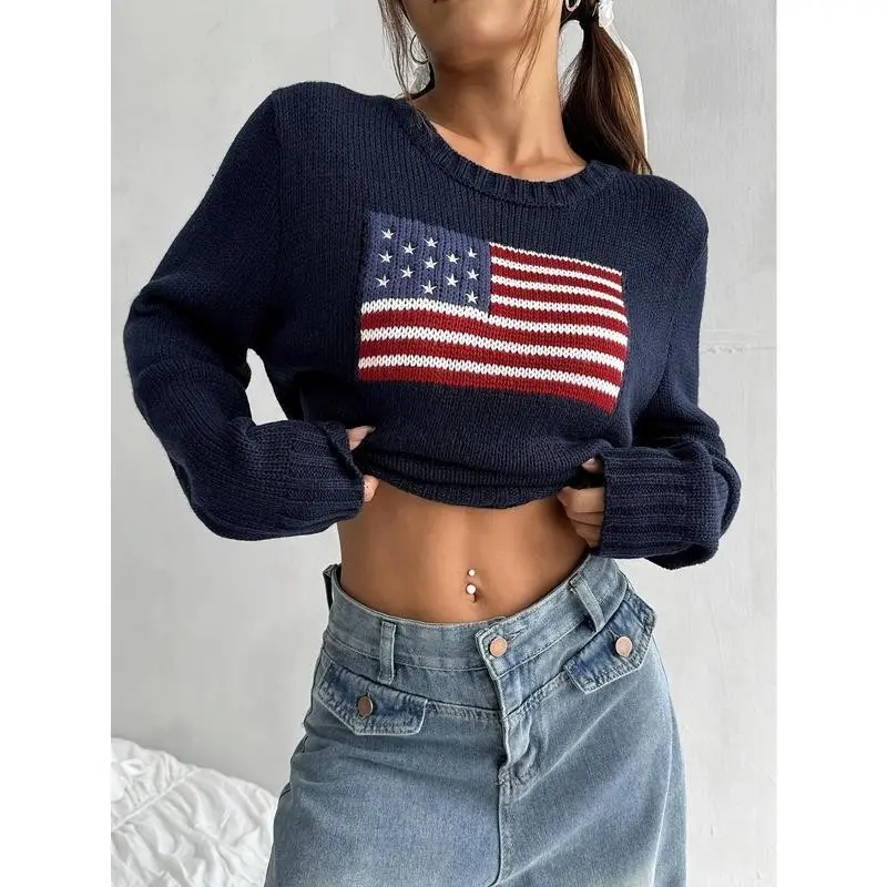 American Flag Pattern Crew Neck Sweater-Casual Long Sleeve, Polyester Blend, Elegant Knitted for Women Crewneck Tops Printed Medium Geometric Elastic Womenswear Knitwear Knitting Fabric