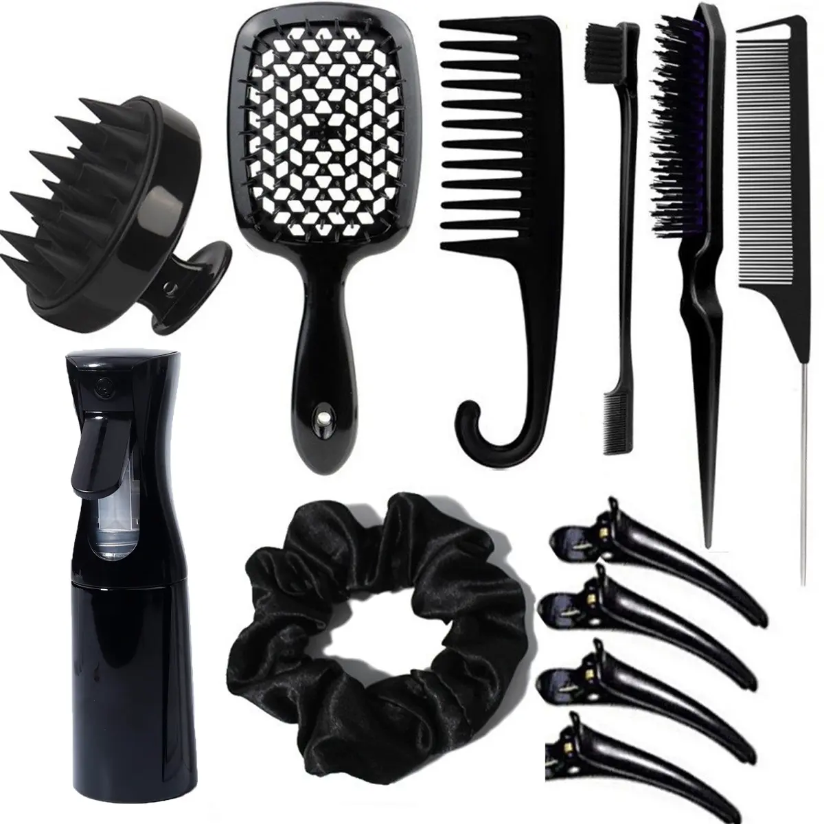 12-Piece Hair Brush Set, Includes Styling Comb, Shampoo Brush, Spray Bottle, Hair Tie, Clips, Shower Comb, Unisex Hair Care Kit