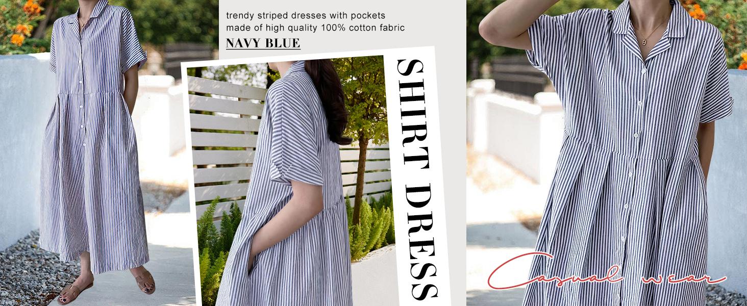 Women's Summer Short-Sleeve Striped Shirt Dress Button Down Midi-Length Straight-Fit Pure Cotton Dress Women's Summer Short-Sleeve Striped Shirt Dress Button Down Midi-Length Straight-Fit Pure Cotton Dress