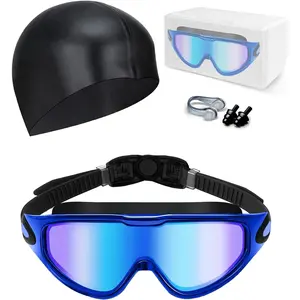 Swim Goggles, Anti Fog Anti UV, Wide View and No Leaking Swimming Goggles & Swim Cap for Men Women Adult Youth