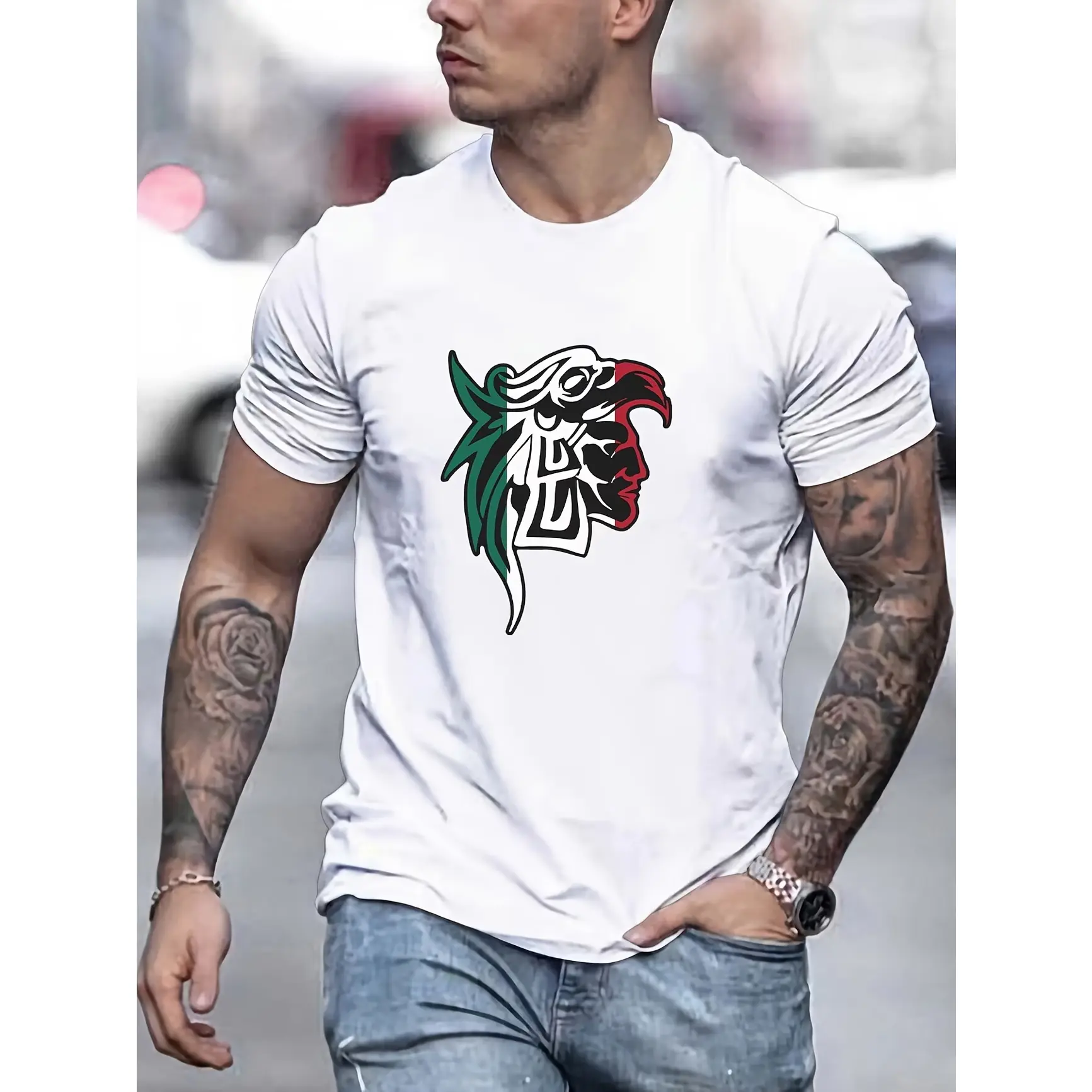 Men's Oversized Cotton Print T-Shirt - Mexican Eagle Warrior Art Graphic, Casual Menswear Tops, Short-Sleeve, Summer Comfort Outfit, Cultural Holiday Gift For Him, Round Neck