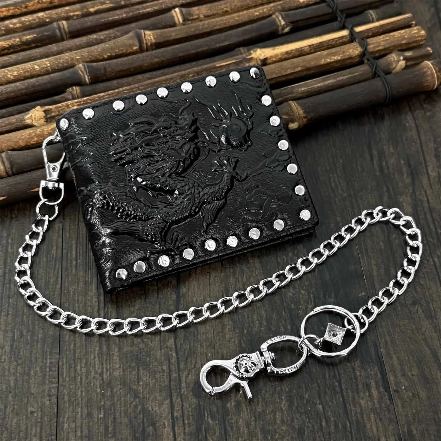 Fashion Mens Dragon Leather Wallet Rock Rivet Purse with Chain Black