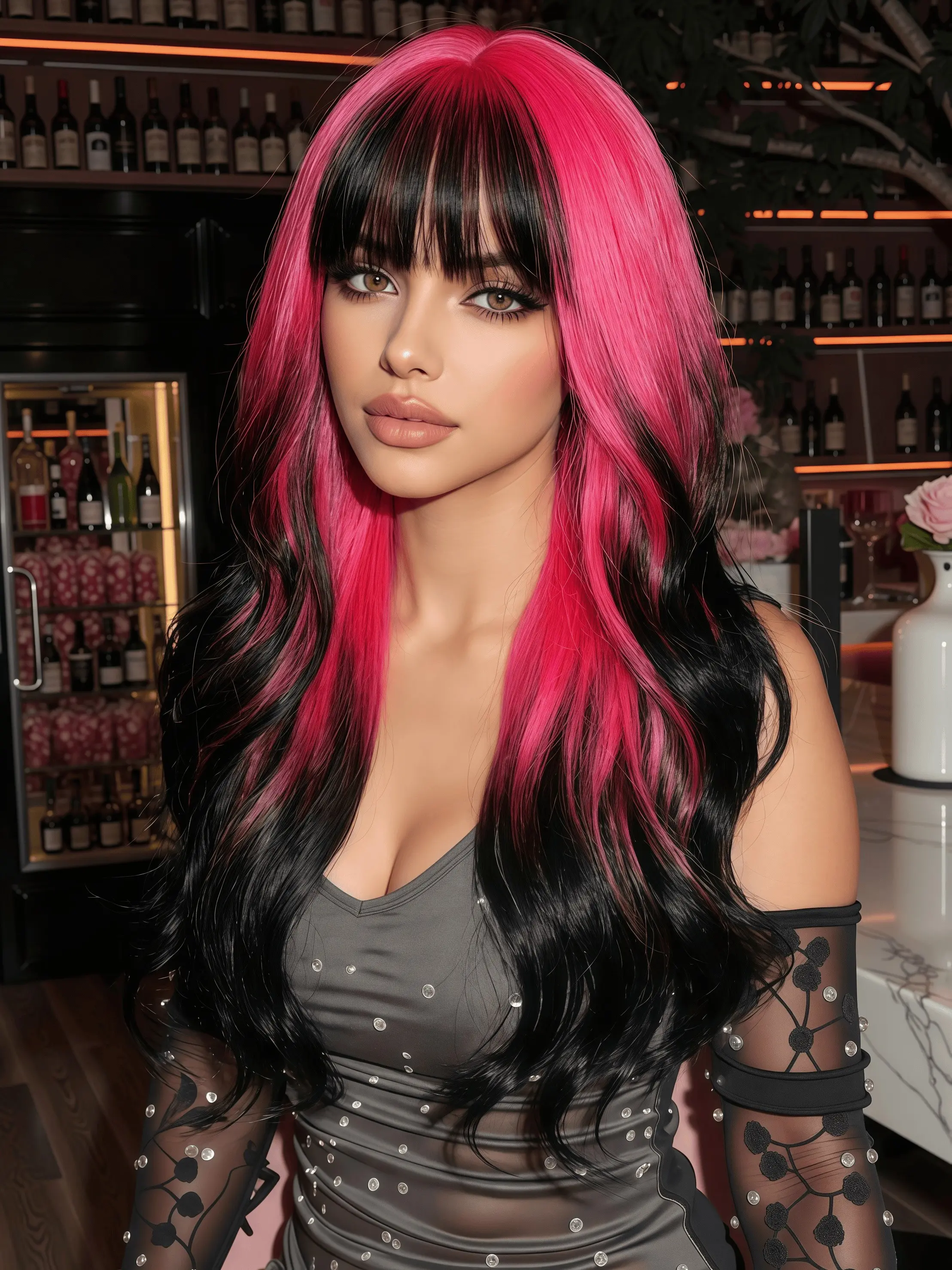 Long Wavy Two-Tone Wig with Bangs for Women - Vibrant Hot Pink & Jet Black Ombre - 22 Inch Heat Resistant Synthetic Hair - Trendy Mermaid Wave Hair for Party Cosplay Daily Wear