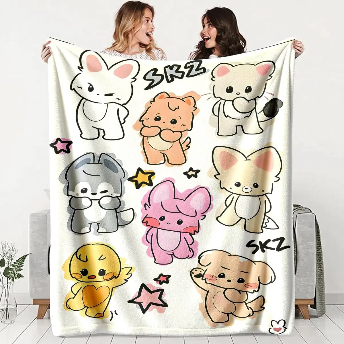 Cute Skz Cartoon Theme Flannel Blanket, Soft Lightweight Warm, Perfect for Bed Sofa Office Travel, Multifunctional Gift, Home Decor, Cartoon Print Blanket