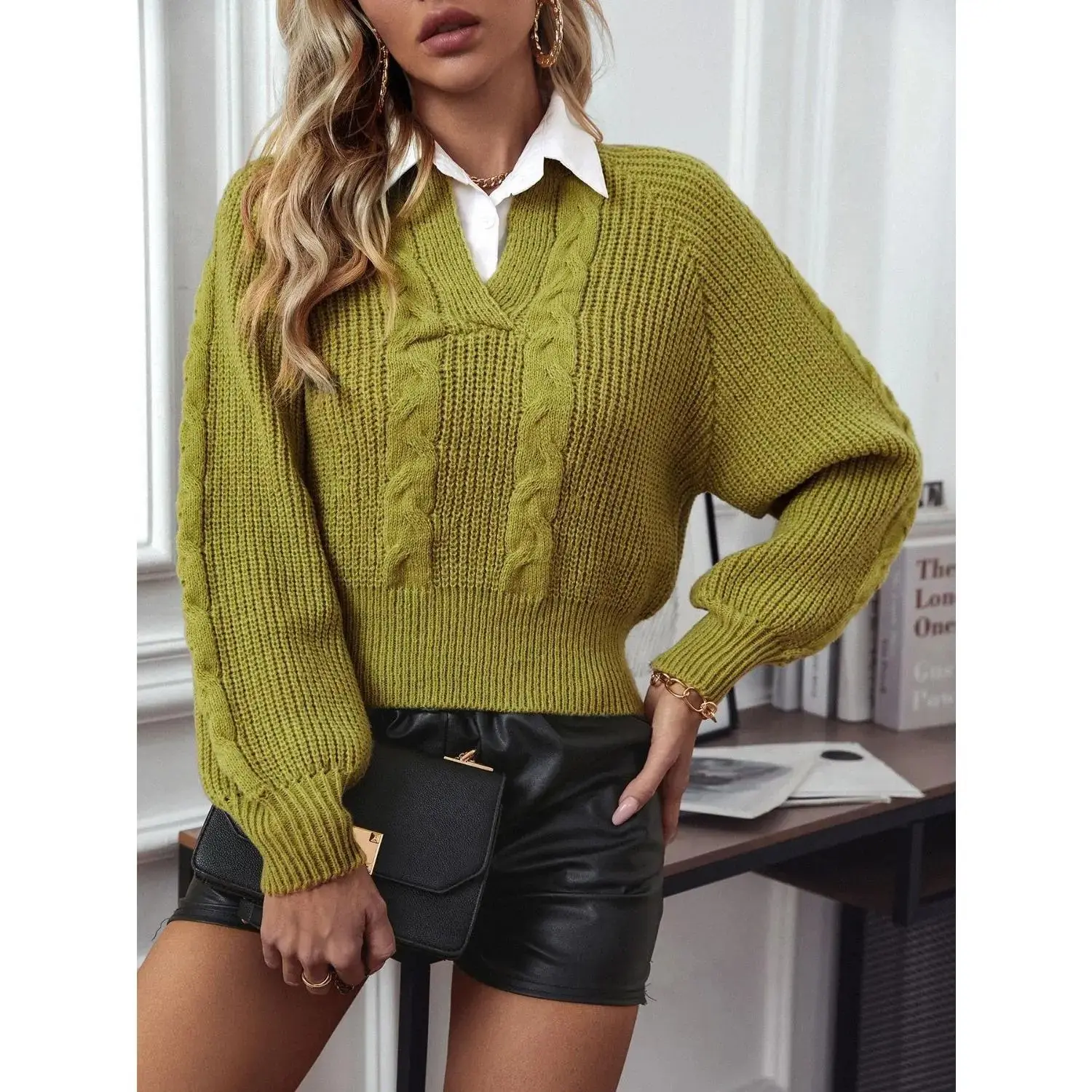 Cable-Knit Collared Neck Faux Layered Sweater