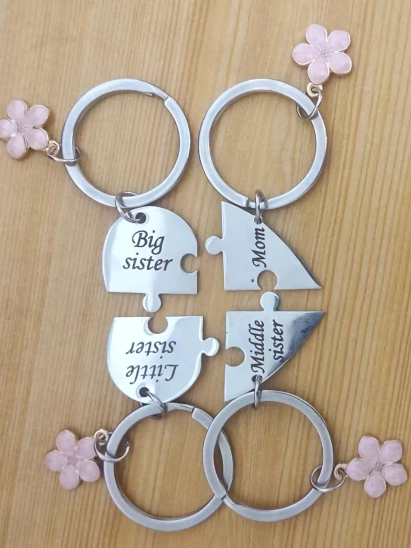 Floral Pendant Keychain Heart Shaped Keychain Custom Engraved Design, Heart Shape Puzzle Keyring Family Matching Jewelry Set