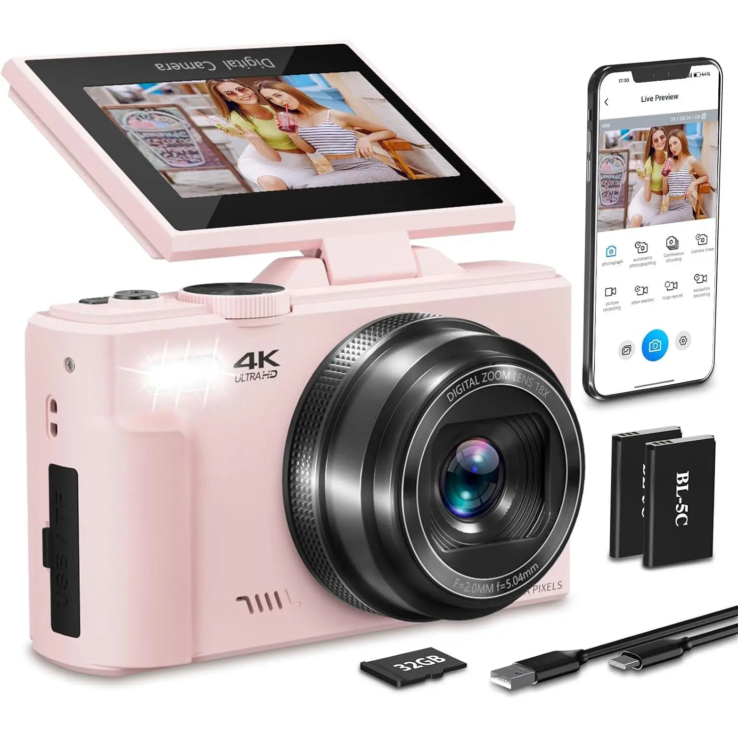 4K Digital Camera for Photography,64MP Vlogging Camera for YouTube() | 3" 180°Flip Screen, 18X Digital Zoom,WIFI,Autofocus Compact Camera with Flash,32GB TF Card & 2