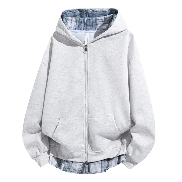 Men's Fake 2-Piece Hoodie, Plaid Lined Full-Zip Jumper with Long Sleeves and Pockets, Casual Outerwear for Valentine's Day, Valentines Day, Fake Two Pieces