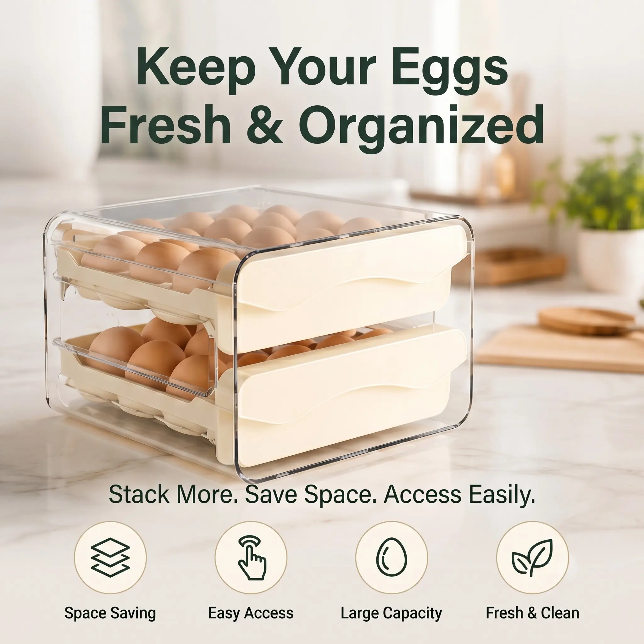 Double Layer Drawer Refrigerator Egg Storage Box, Transparent Stackable Egg Keeper, 32 Pieces, Free Cleaning Cloth & 40 Labels, Fridge Storage Organizer