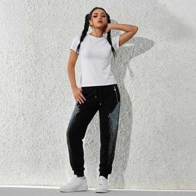 Sparkly Crystal Fringe Joggers - Cyber Y2K Streetwear - Black Moto Wings Detail Sweatpants