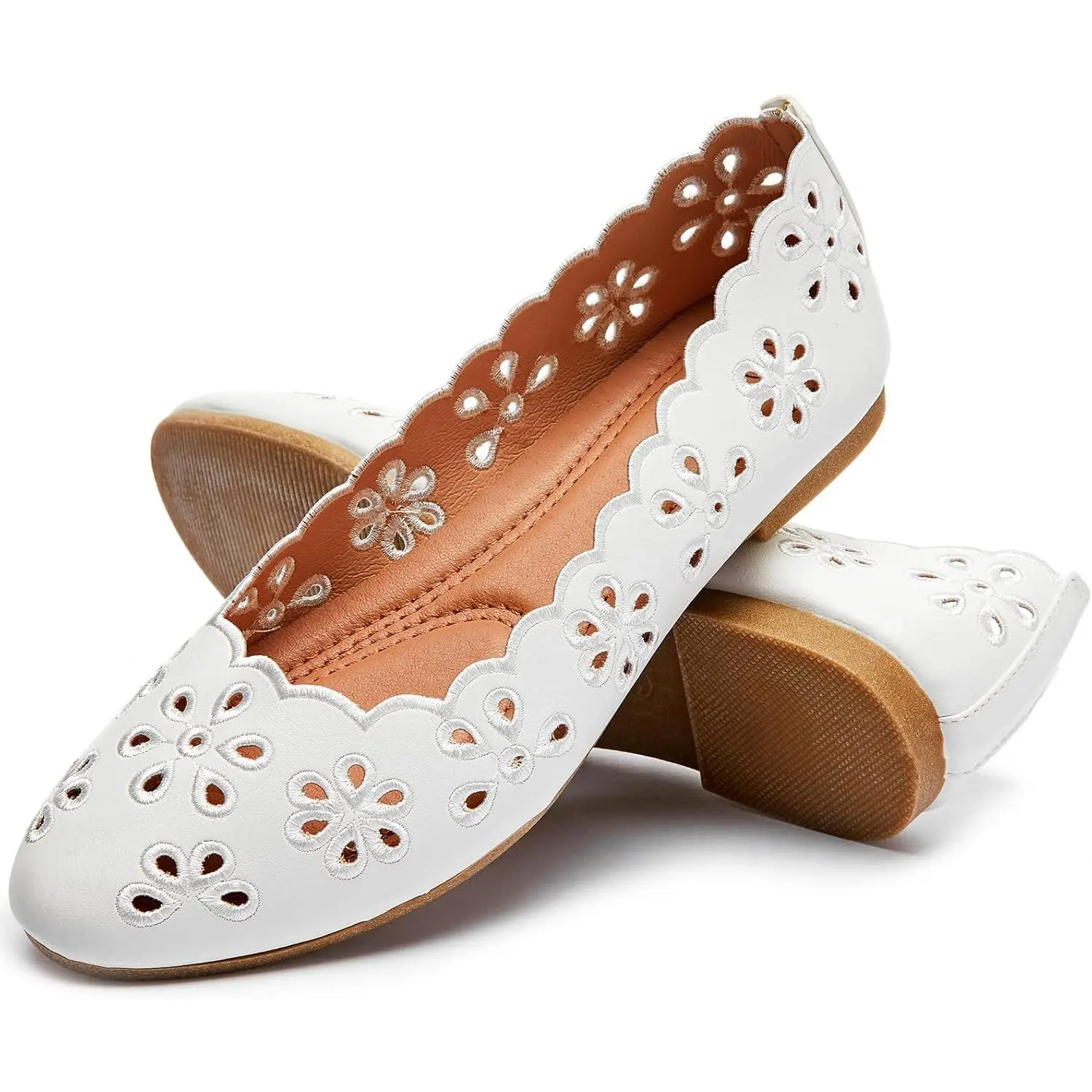 Women's Ballet Flats Black PU Leather Dress Shoes Comfortable Round Toe Slip on Flats with Breathable Eyelets