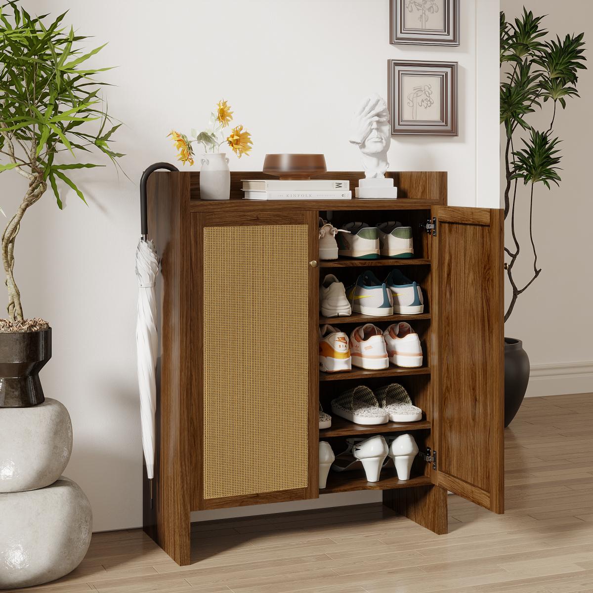 42.5" Tall Rattan Shoe Cabinet with Doors, 6-Tier Shoe Storage Cabinet with Adjustable Shelves, Wooden Freestanding Shoe Organizer Shoe Cabinet for Entryway,Hallway,Living Room (Walnut)