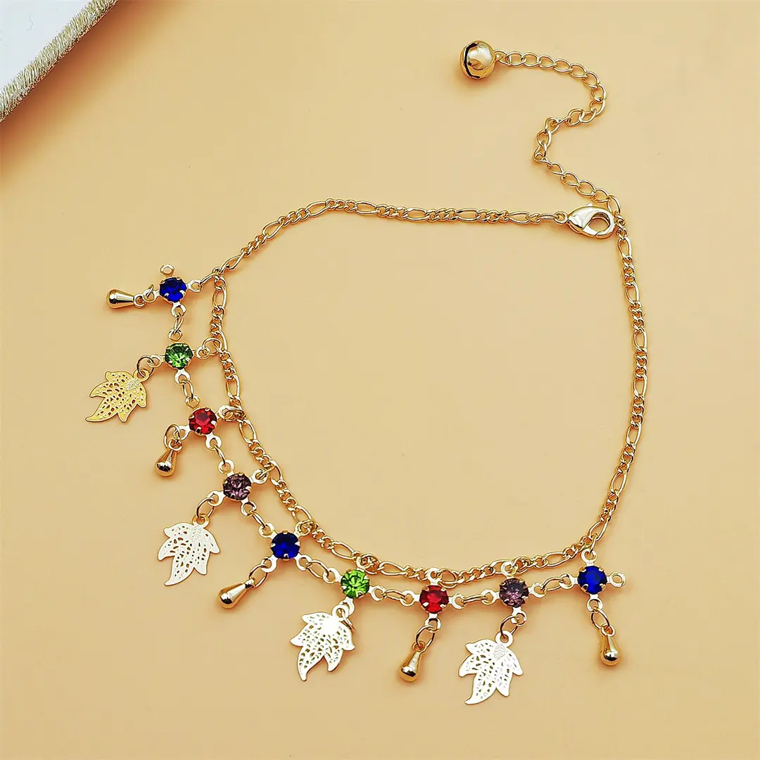 Women's Gold Plated Metal Coating Multi-Color Rhinestone Maple Leaf Tassel Ankle Bracelet, Adjustable 20.5cm+5.5cm Extender Chain, Casual Female Boho Summer Body Jewelry